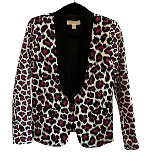 Michael Kors MK Animal Leopard Print Blazer Tuxedo Pink Black White Size 2 - Picture 2 of 6